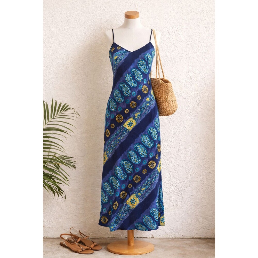 Vintage Y2K Paisley Slip Dress Blue Boho Midi Spaghetti Strap Size 10